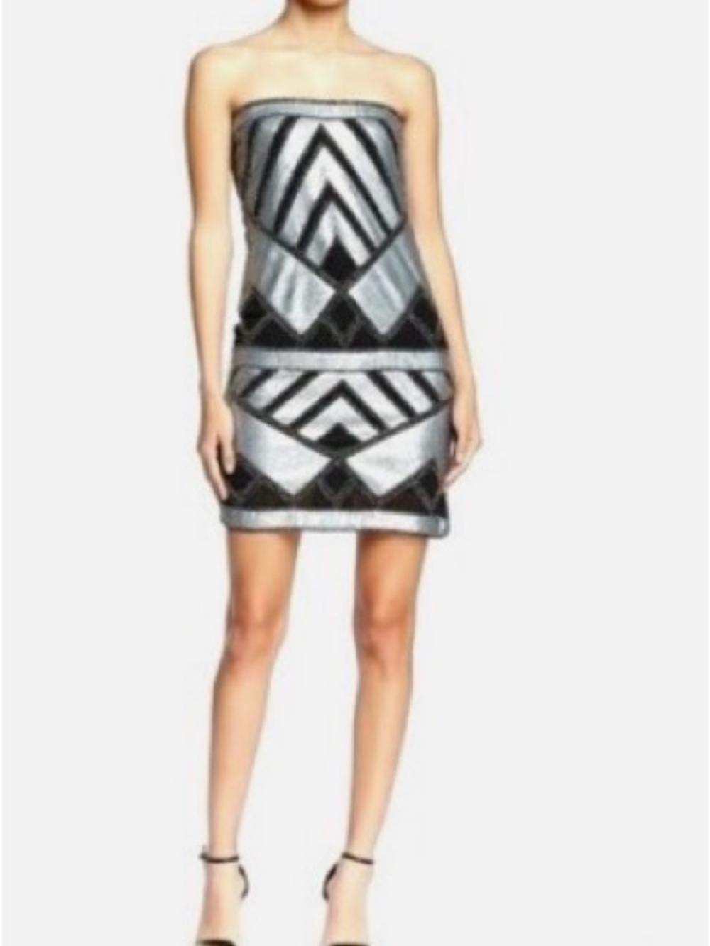 Romeo & Juliet Couture Silver and Black Strapless Geometric Sequin Dress